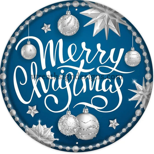 Merry Christmas Blue And Silver Round Metal Wreath Sign 8 Decor