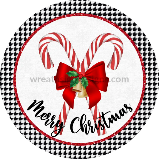 Merry Christmas Candy Canes & Houndstooth- Round - Metal Signs 8