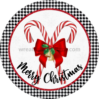 Merry Christmas Candy Canes & Houndstooth- Round - Metal Signs 8