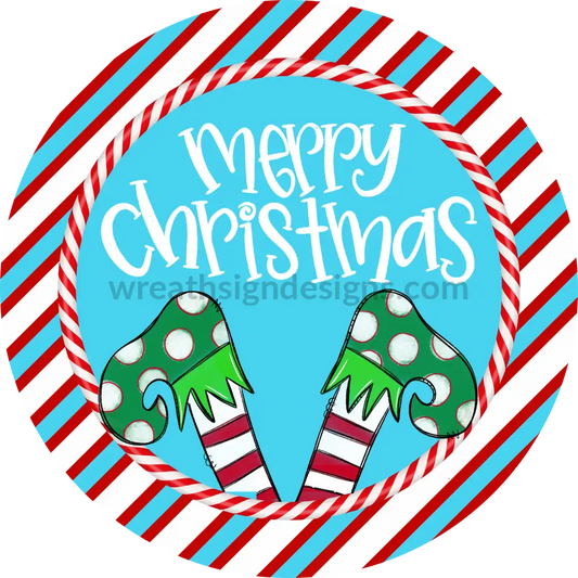 Merry Christmas Elf Legs Blue And Red- Metal Signs 8 Circle