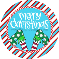 Merry Christmas Elf Legs Blue And Red- Metal Signs 8 Circle
