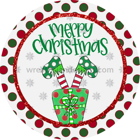 Merry Christmas Elf Legs In Present- Metal Signs 8 Circle