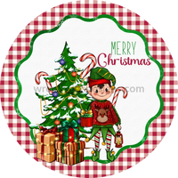 Merry Christmas Elf With Tree- Metal Wreath Signs 8