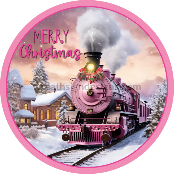 Merry Christmas Pink Train- Metal Wreath Sign 6 Decor