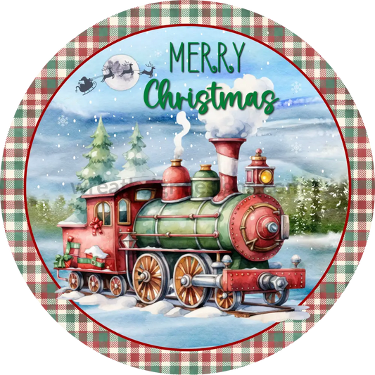 Merry Christmas Red And Green Train- Metal Wreath Sign 6 Decor