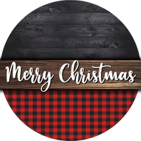 Merry Christmas Red Buffalo Plaid Round Metal Wreath Sign 8