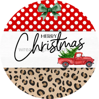 Merry Christmas Red Tree Truck With Leopard-Christmas Round Metal Wreath Sign 6 Decor