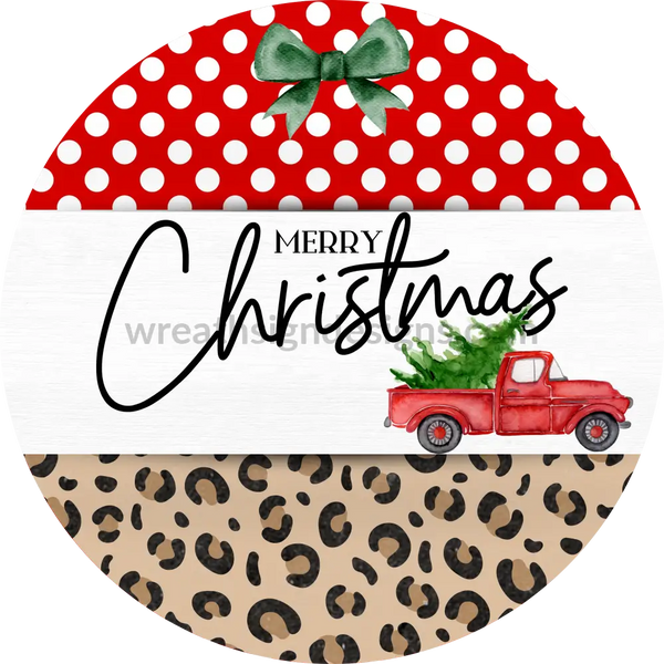 Merry Christmas Red Tree Truck With Leopard-Christmas Round Metal Wreath Sign 6 Decor