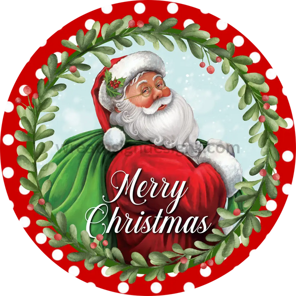 Merry Christmas Santa Red Polka And Green Wreathround Metal Wreath Sign 6 Decor