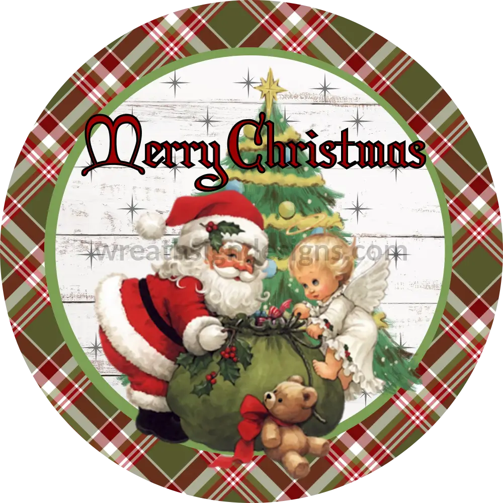 Merry Christmas Santa With Angel And Teddy Bear Round Metal Wreath Sign 8 Decor