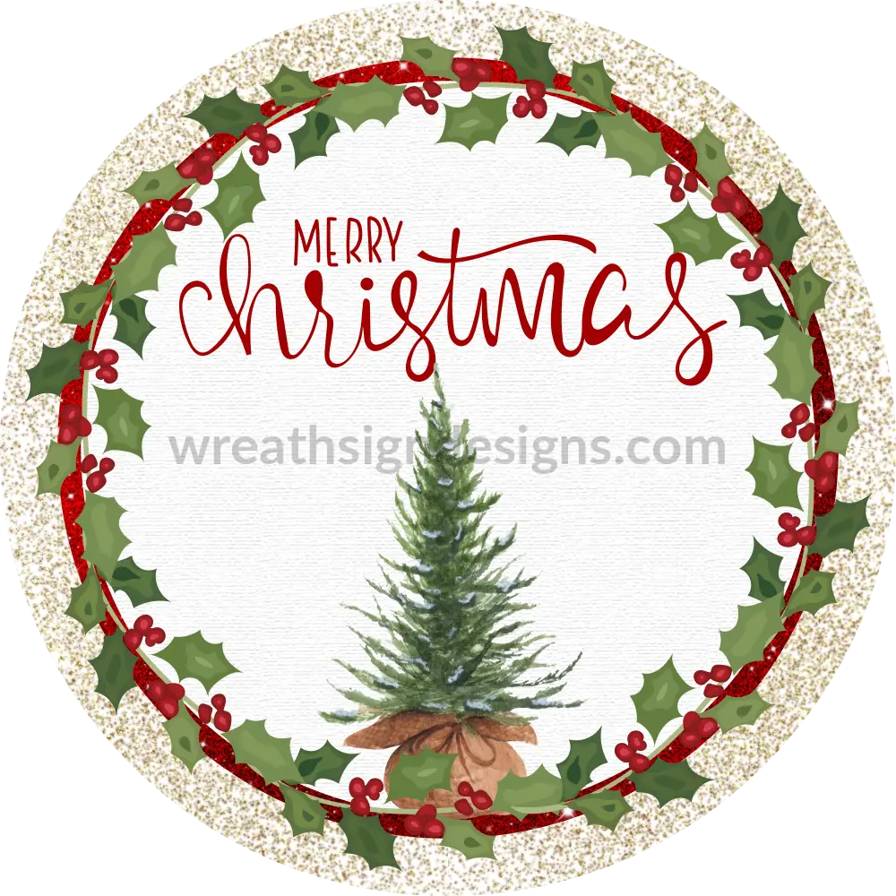 Merry Christmas Tree Red And Gold Shimmer Round - Metal Signs 8