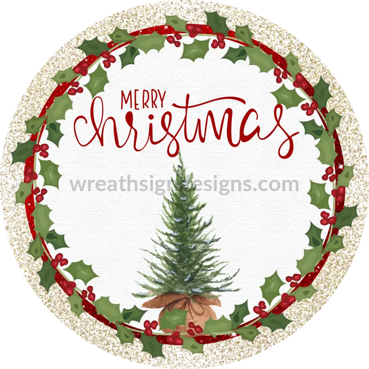 Merry Christmas Tree Red And Gold Shimmer Round - Metal Signs 8