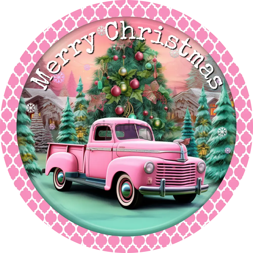Merry Christmas Vintage Pink Truck Plaid-Circle - Metal Signs 6