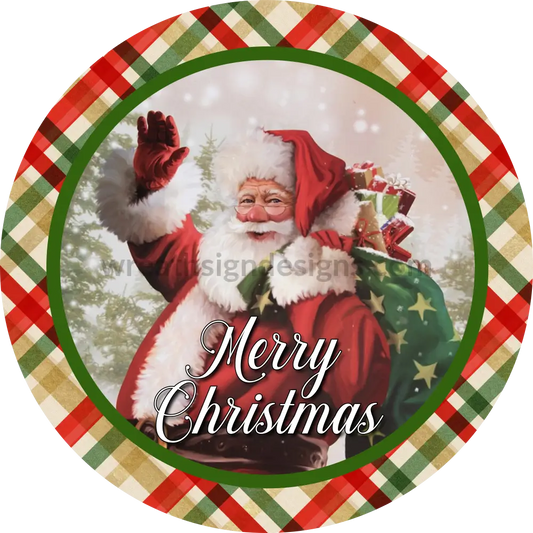 Merry Christmas Vintage Santa Red And Green Plaid Round Metal Wreath Sign 6 Decor