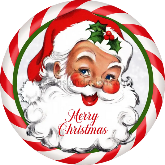 Merry Christmas Vintage Santa With Peppermint Border Round Metal Wreath Sign 6 Decor