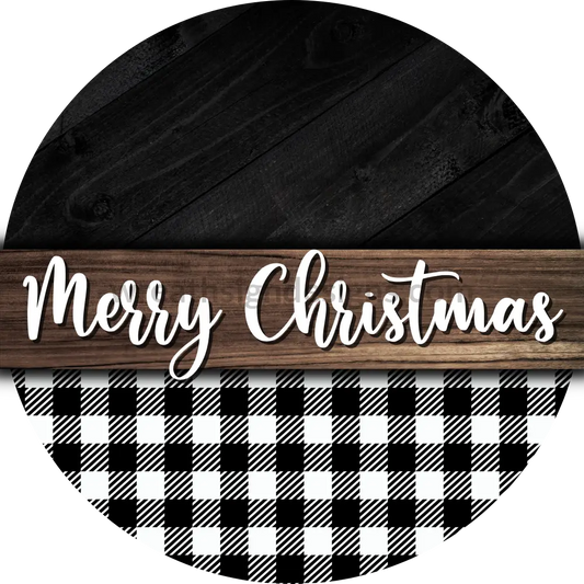 Merry Christmas White Buffalo Plaid Round Metal Wreath Sign 8