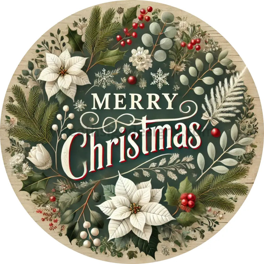 Merry Christmas White Poinsettia Christmas-Round Metal Signs 10’’