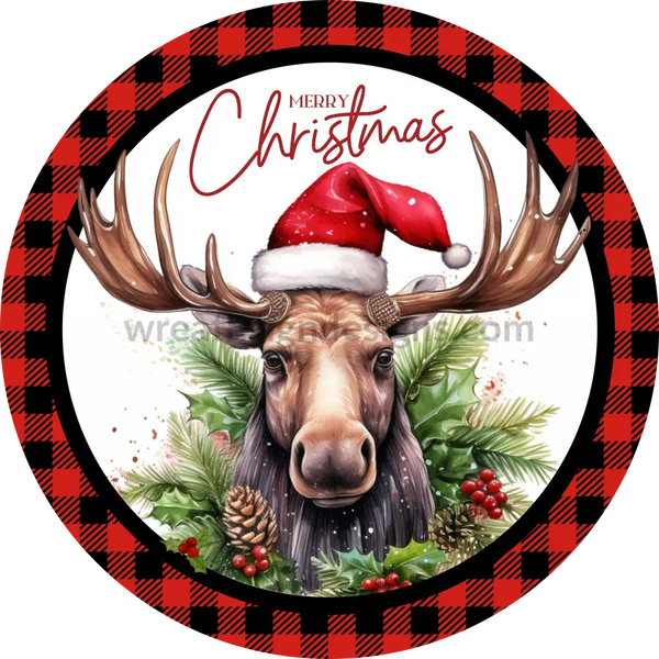 Merry Christmas Winter Moose Buffalo Plaid Wreath Sign 6
