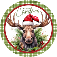 Merry Christmas Winter Moose Green Plaid Wreath Sign 6