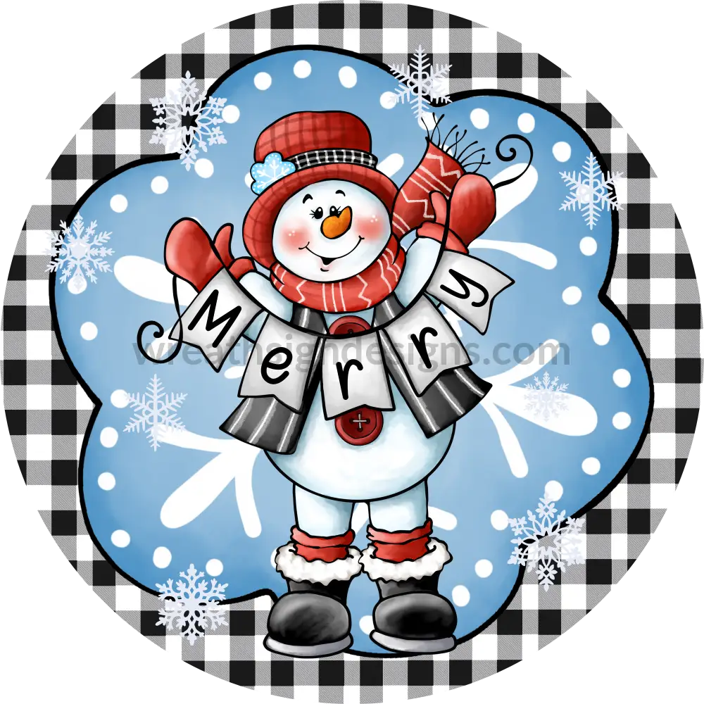 Merry Snowman With Black Buffalo Plaid -Round Christmas Metal Signs 8 Circle