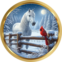 Midnight White Winter Horse And Cardinal -Round Metal Signs 6
