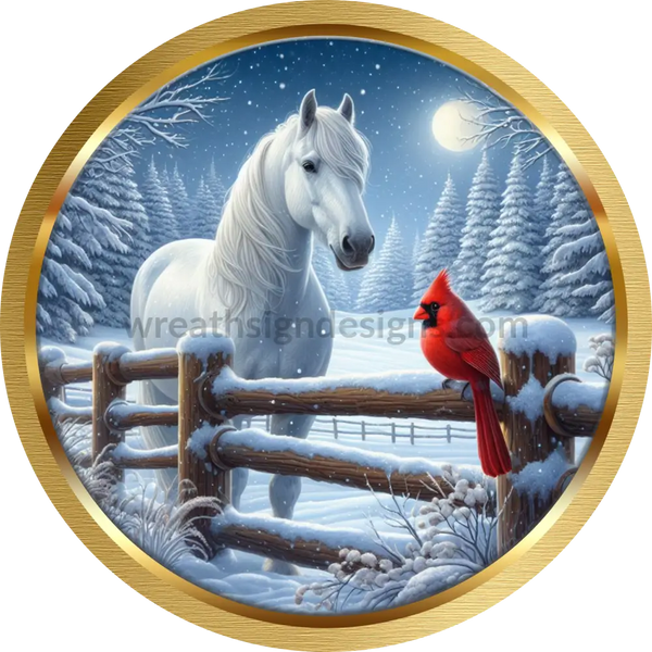 Midnight White Winter Horse And Cardinal -Round Metal Signs 6