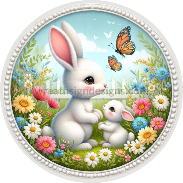 Mom And Baby Bunny In Spring Wild Flowers- Round Metal Easter Wreath Sign 6’