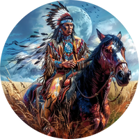 Native American Warrior And Stallion - Round Metal Wreath Sign 6”
