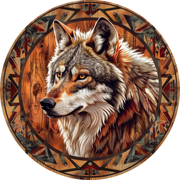 Native Wolf - Round Metal Wreath Sign 6”