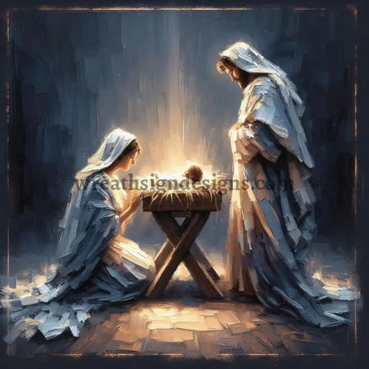 Nativity Scene Blue and Cream- Christmas Wreath Sign MS-1572