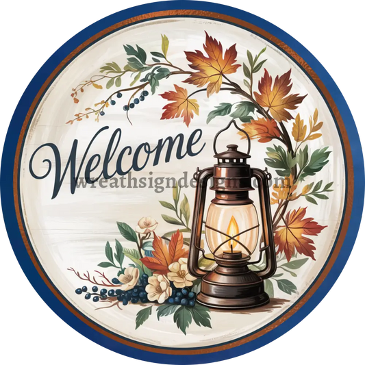 Navy and Rust Welcome Vintage LanternRound Fall Metal Wreath Sign MS-1333 6’’