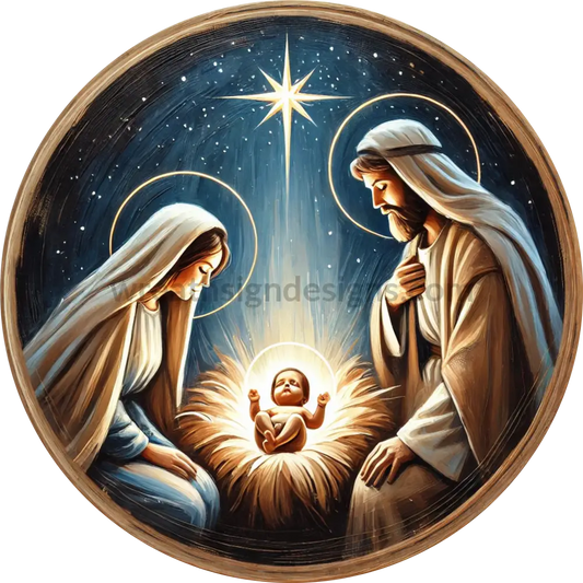 Northern Star Nativity Scene Mary Joseph Baby Jesus- Christmas Wreath Sign 6’’