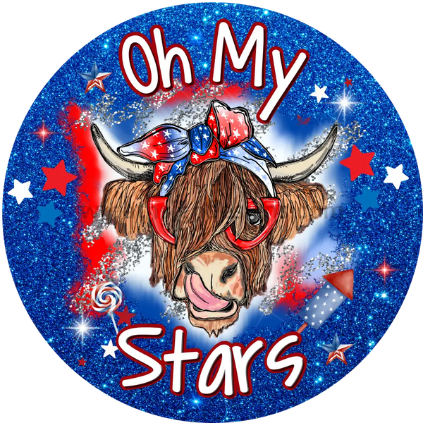 Oh My Stars Patriotic Highland Cow Metal Wreath Sign 6’