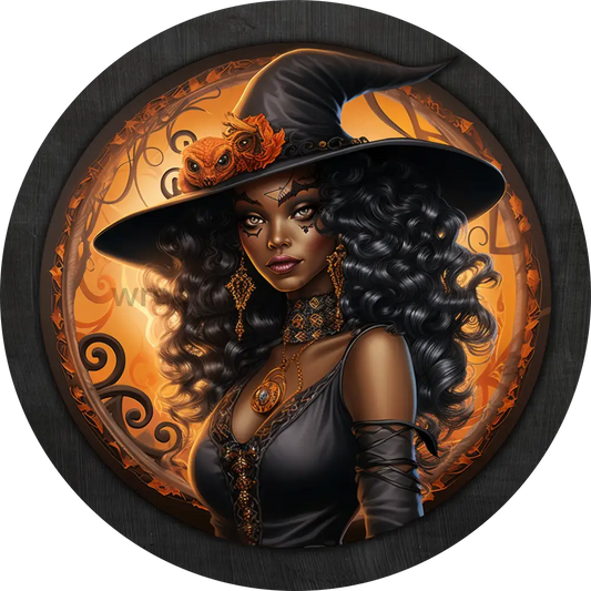 Orange And Black Witch Metal Wreath Sign- Circle 8