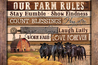 Our Farm Rules- Old Barn And Cattle 12X8 Metal Sign