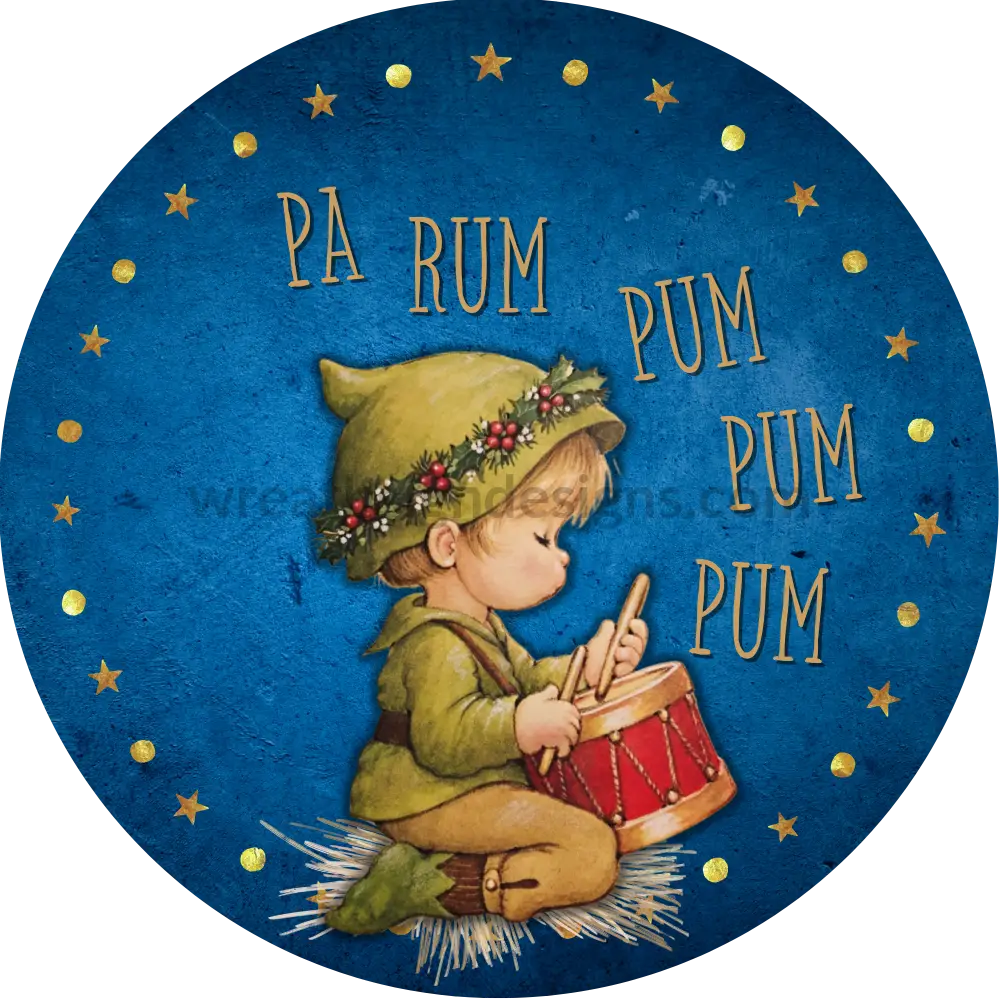Pa Rum Pum Pum- Little Drummer Boy Blue And Gold Metal Sign 8 Circle