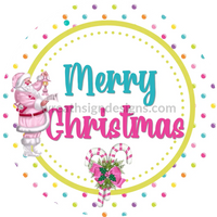 Pastel Christmas Santa And Candy Canes Round Metal Wreath Sign 8