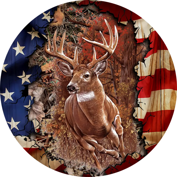 Patriotic American Flag Whitetail Deer Metal Wreath Sign 6