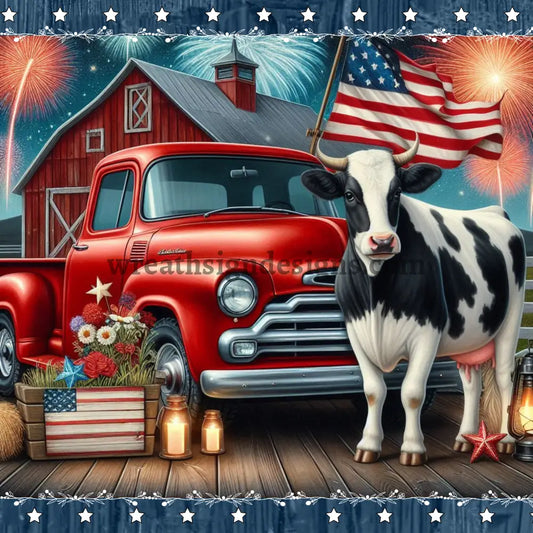 Patriotic Cow and vintage Farm Truck Wreath Metal Sign MS-1145 8’’
