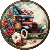 Patriotic Vintage Truck With Red White And Blue Florals Metal Signs 8 Circle