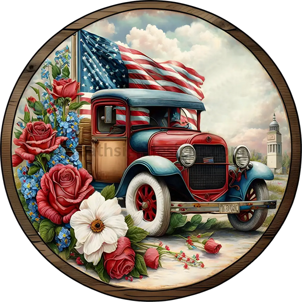 Patriotic Vintage Truck With Red White And Blue Florals Metal Signs 8 Circle