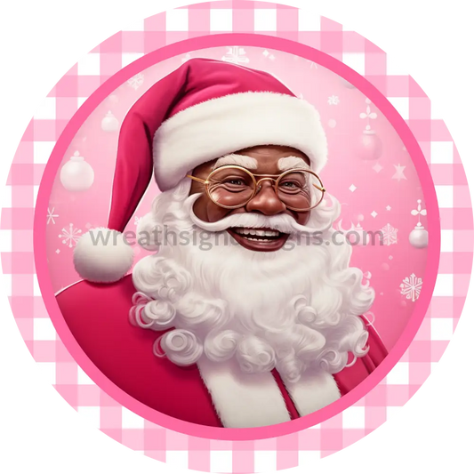 Pink 3D African American Santa Christmas Round Wreath Sign 6