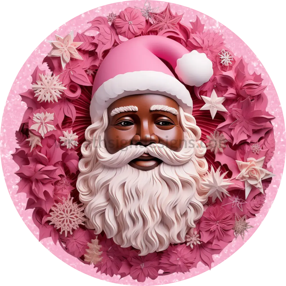 Pink 3D African American Santa With Poinsettias Christmas Round Wreath Sign 6