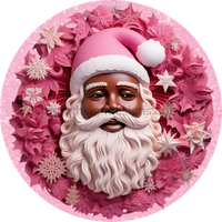 Pink 3D African American Santa With Poinsettias Christmas Round Wreath Sign 6