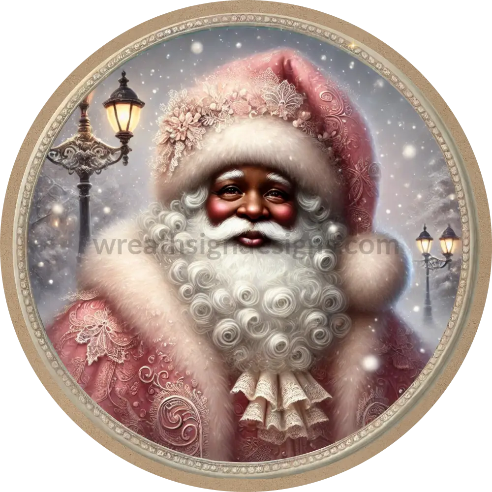 Pink African American Santa Christmas Round Wreath Sign 6’’