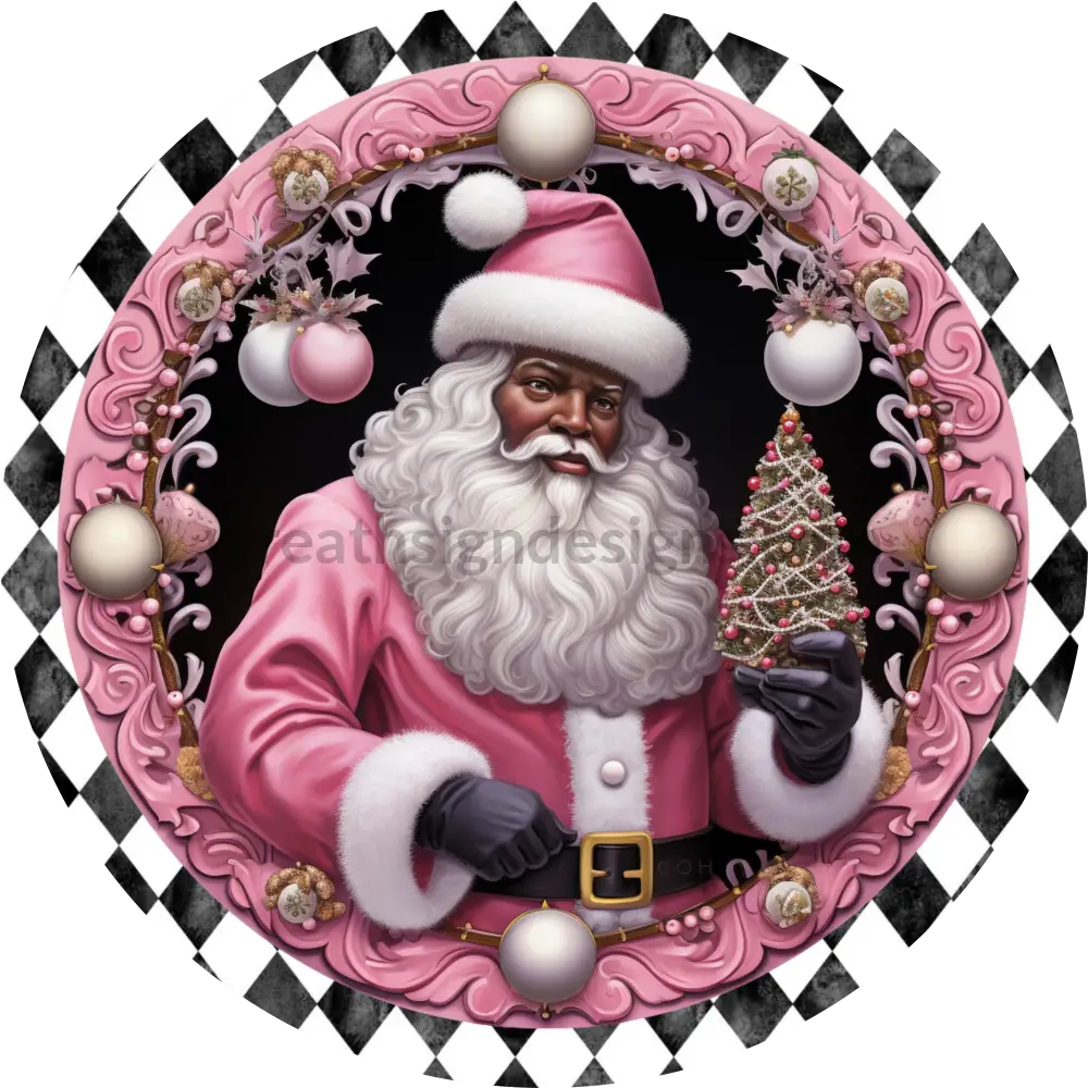 Pink African American Santa With Harlequin Border Christmas Round Wreath Sign 6
