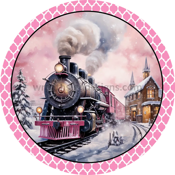 Pink And Black Christmas Train- Metal Wreath Sign 8 Decor