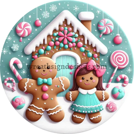 Pink and Blue Christmas Gingerbread Metal Christmas Winter Wreath Sign MS-1616