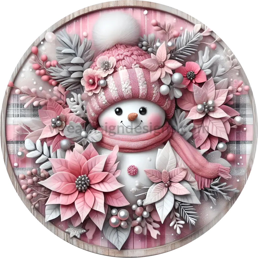 Pink And Silver Snowman Poinsettia Winter Wreath Sign 10’