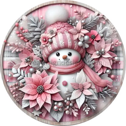 Pink And Silver Snowman Poinsettia Winter Wreath Sign 6’